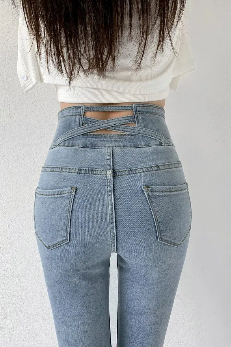 women's denim jeans for winterCut Out Cross Waistband Skinny Jeans