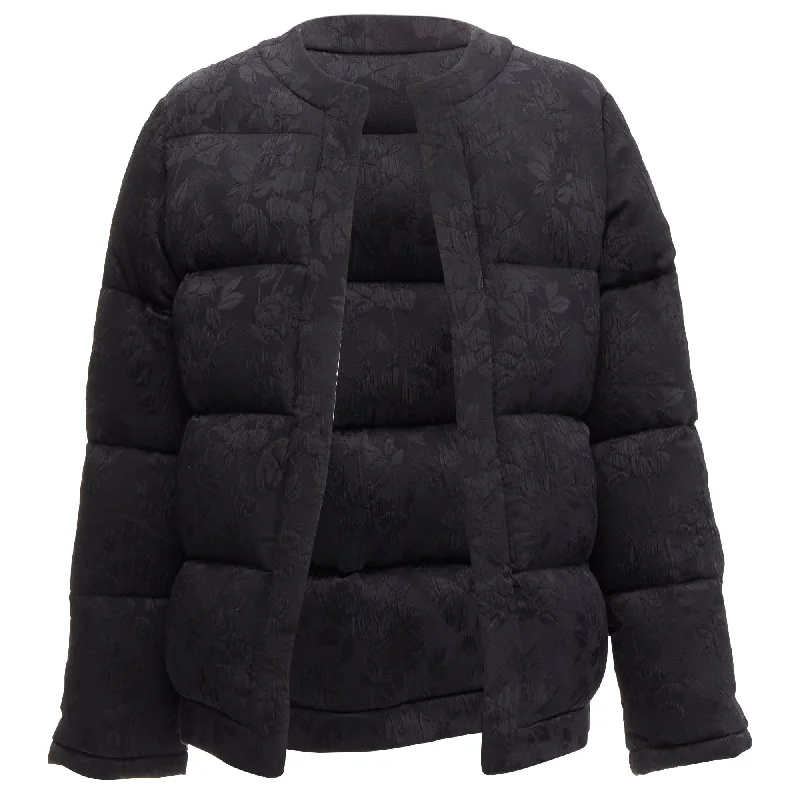 women's coats for apple-shaped bodiesGucci floral silk jacquard goose down padded puffer jacket