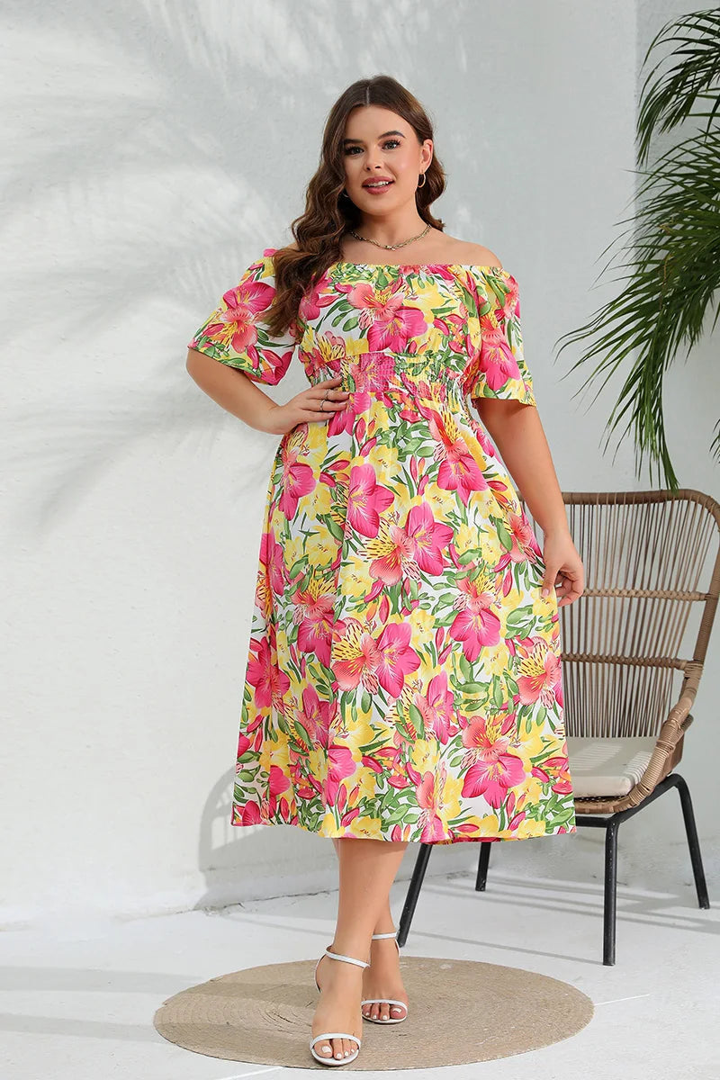 women's fashionable dressesWomen's Fashion Designer 4XL Floral Elastic Waist Midi Dresses (Plus Size)