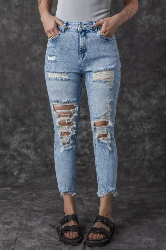 women's mid-rise denim jeansWashed Distressed Slim Fit Jeans