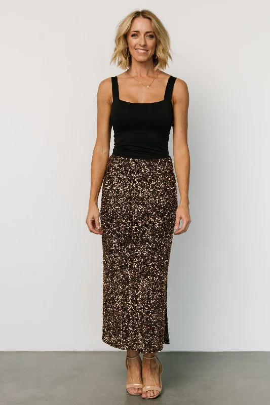 women's stretch skirtsCharmed Sequin Midi Skirt | Bronze