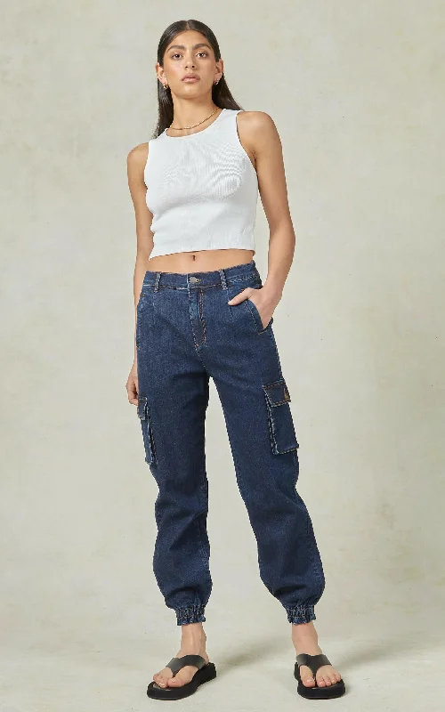 women's denim jeans with lace trimMora Cargo Denim Pants