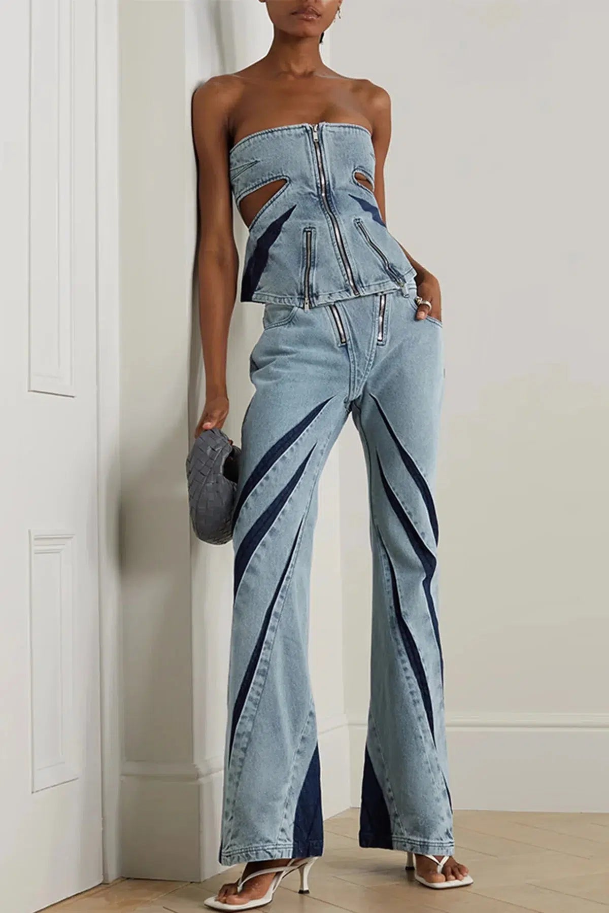 women's denim jeans with button-fly closureDenim Cut Out Tube Top & Patch Jeans Two Piece Set