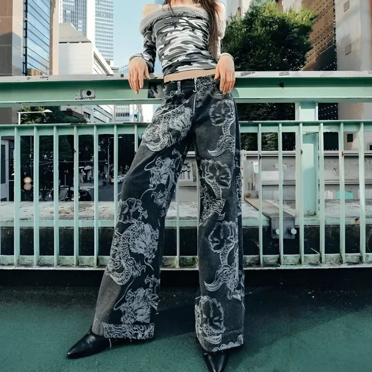 women's denim jeans with floral embroideryDragon Printed Jeans