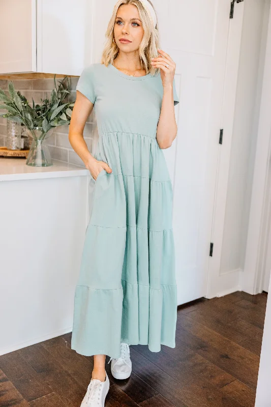 women's striped dressesSweet Memories Sage Green Tiered Midi Dress