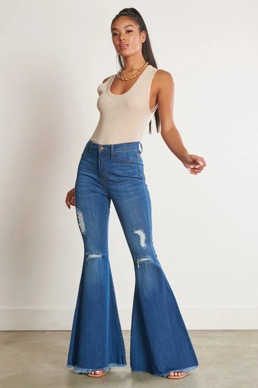 women's denim jeans for apple-shaped bodiesHIGH WAISTED DISTRESSED FLARE