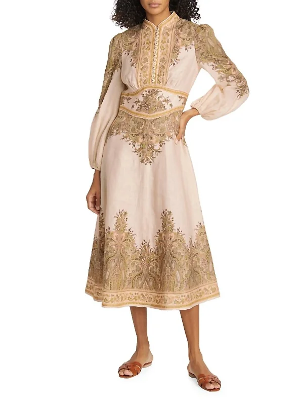 women's everyday dressesNatura Buttoned Midi Dress In Khaki Paisley