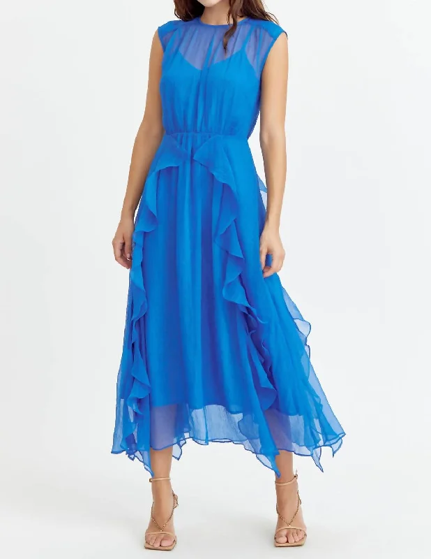 women's solid color dressesRosalie Cascading Ruffled Midi Dress In Sea Blue