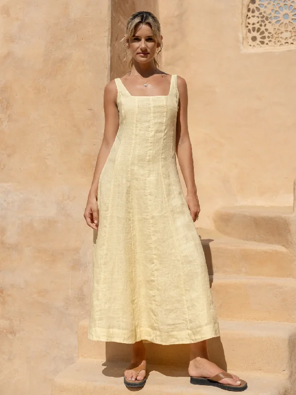 women's retro dressesRosalina Linen Midi Dress Lemon