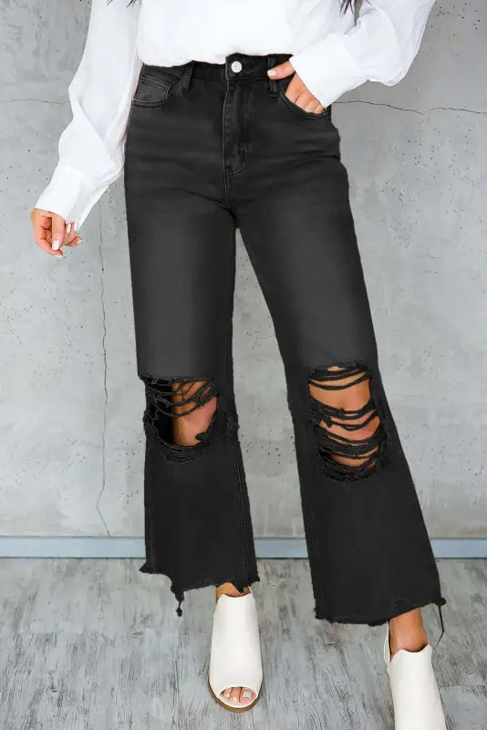 women's denim jeans with fake pocketsBlack Distressed Cropped Flare Jeans