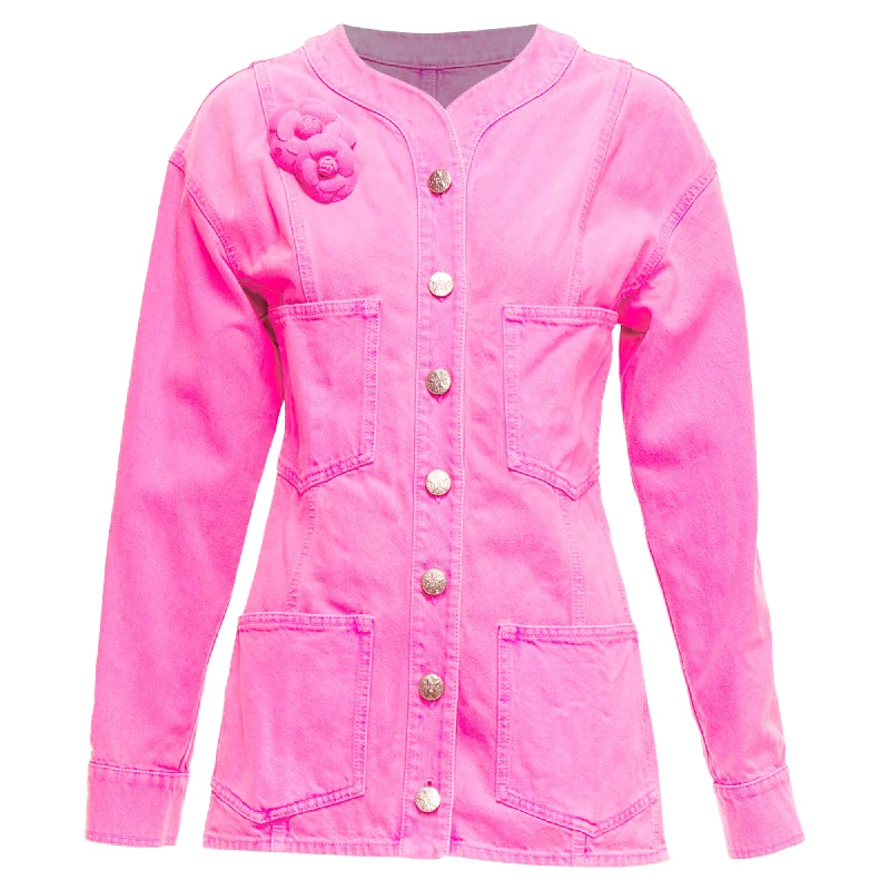 women's coats for fashion-conscious professionalsChanel Neon Pink Cotton Denim CC Logo Camellia Embellished Jacket