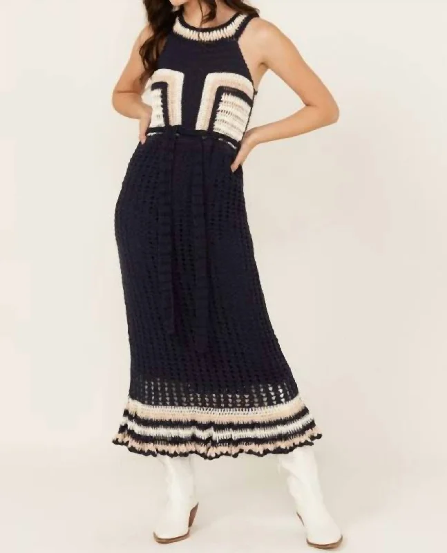 women's ball gown dressesDrew Hand Crochet Midi Dress In Navy