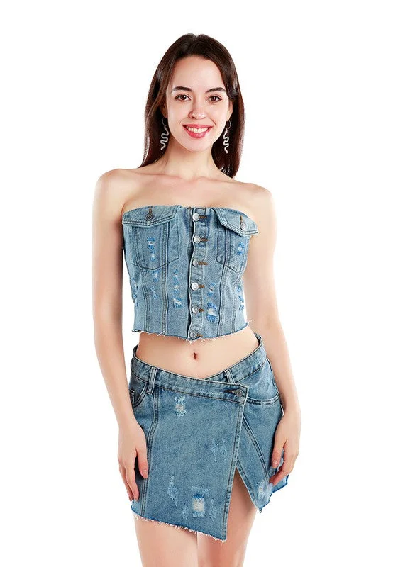 women's denim jeans with zipper-fly closureDenim Corset Tube Top