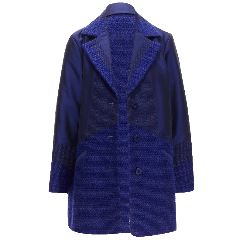 vegan women's coats (fur-free options)Issey Miyake cobalt taffeta tweed multi-texture jacket coat