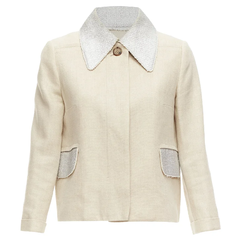 women's coats for day-to-night transitionsCarven Linen Cotton Blend Tweed Collar Button Boxy Jacket