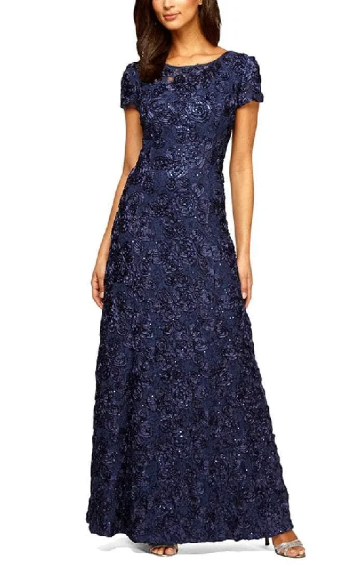 women's formal dressesAlex Evenings - 212788 Rosette Lace Sequin Short Sleeve A-Line Gown