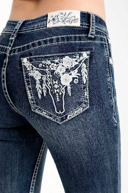 women's denim jeans with floral embroideryFloral Steer Head  Embellished Mid Rise Bootcut Jeans