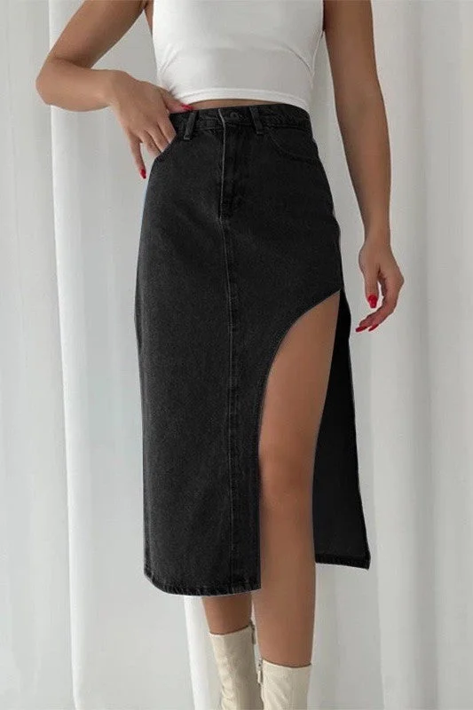 women's distressed denim jeansThigh slit denim skirt