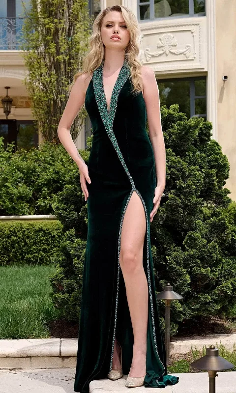 women's chiffon dressesJovani 40119 - Plunging Halter Velvet Evening Gown