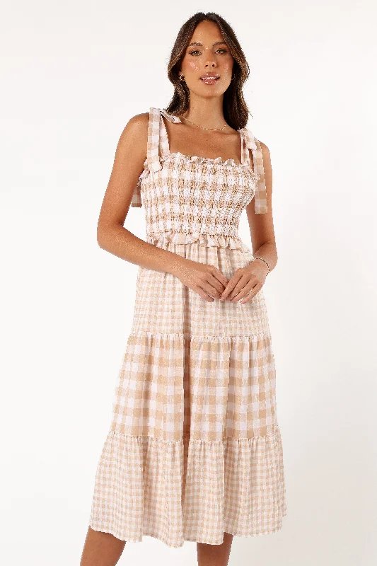 women's affordable dressesRach Midi Dress - Beige Check