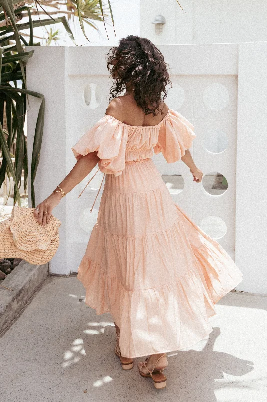 women's maximalist dressesJulie Off Shoulder Midi Dress - Peach