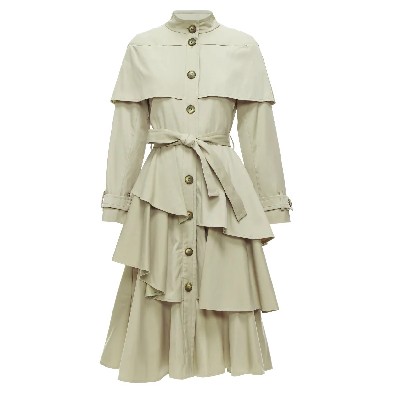 women's coats for statement-making outfitsOsman London Cotton Tiered Ruffle Capelet Belted Long Trench Coat