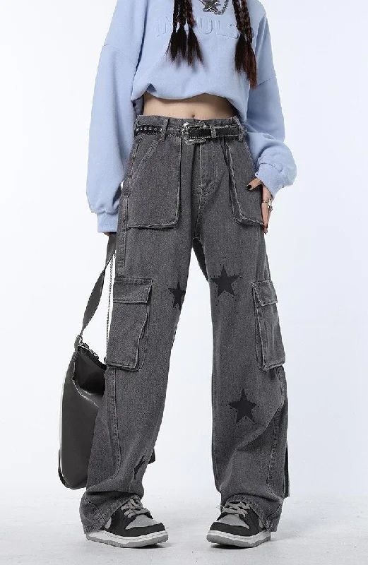 women's stone-washed denim jeansY2K Star Printed Cargo Pants