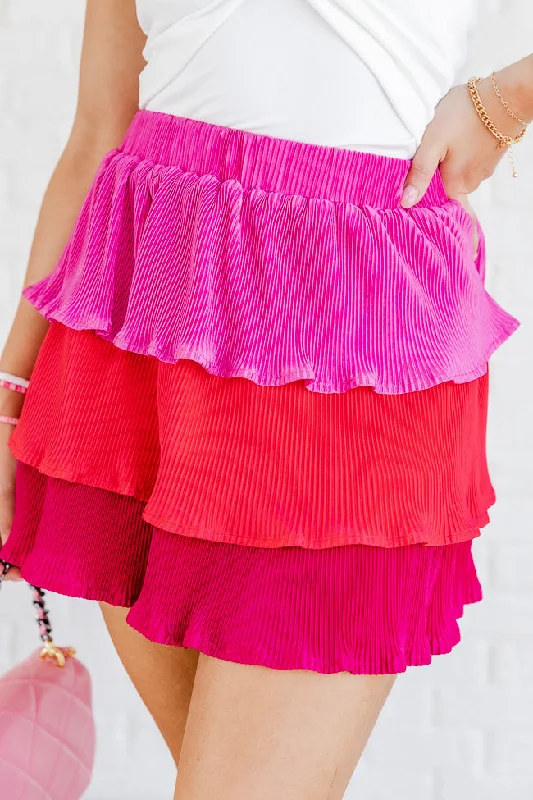 women's sustainable striped skirtsSee You At Sunset Pink Colorblock Plisse Tiered Skirt FINAL SALE