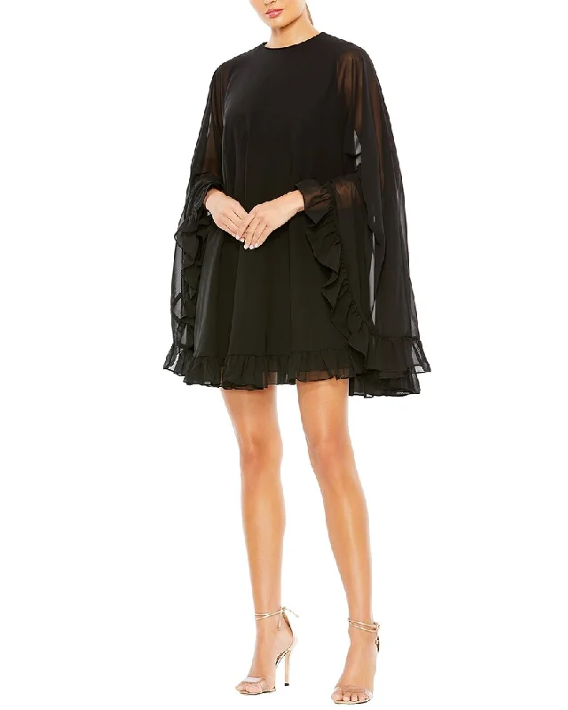 women's trendy dressesMac Duggal High-Neck Ruffle Hem Cape Mini Dress