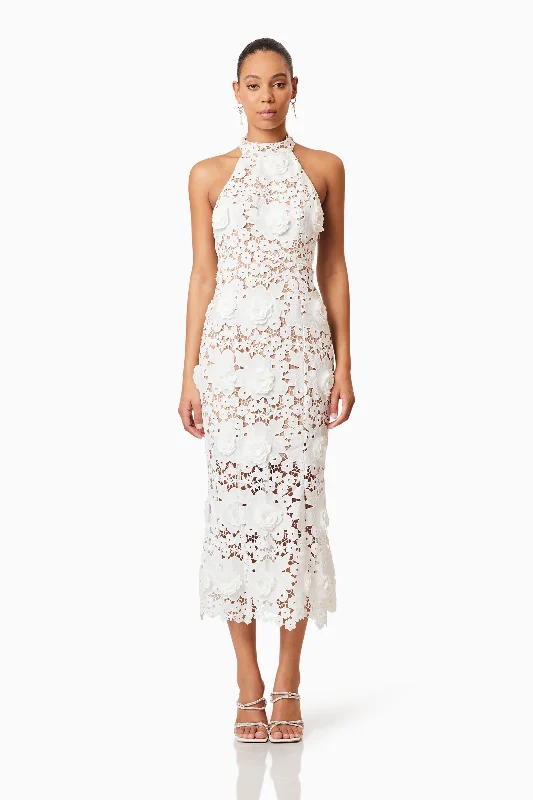 women's evening dressesDaffodil Halter Lace Cocktail Midi Dress In White