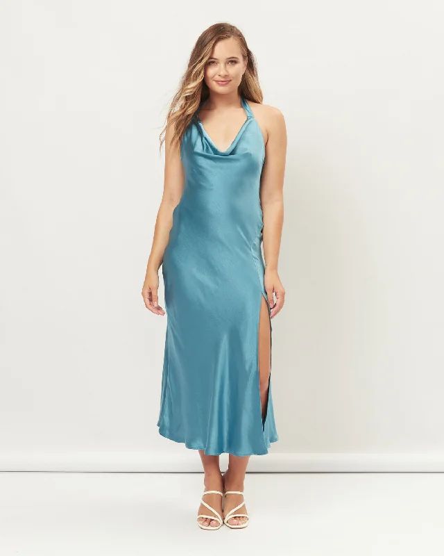 women's metallic dressesLola Blue Cowl Halter Neck Midi Dress