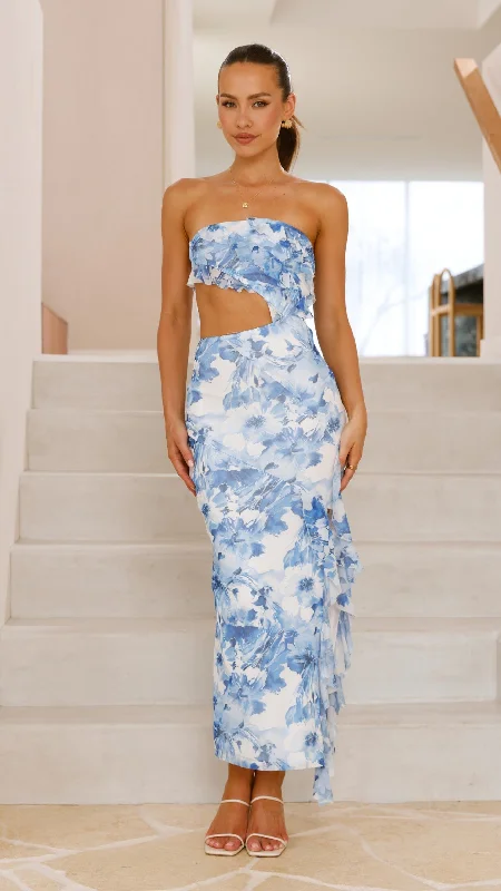 women's off-the-shoulder dressesZinnia Midi Dress - Blue Floral