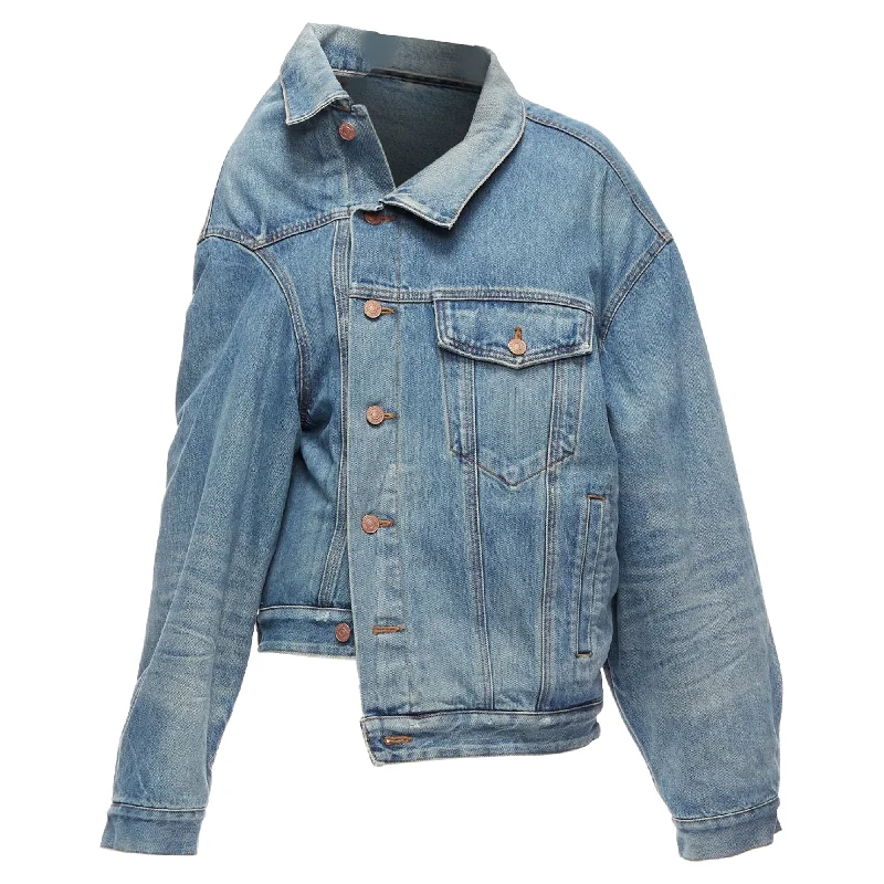 women's coats for apple-shaped bodiesBalenciaga Demna Washed Denim Off Shoulder Deconstructed Jacket