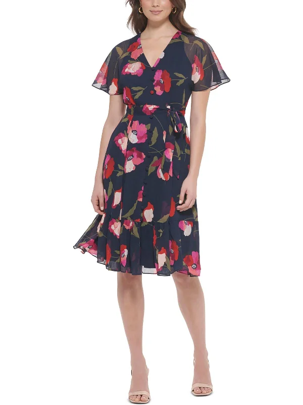 women's long-sleeved dressesPetites Womens Floral Print Polyester Midi Dress