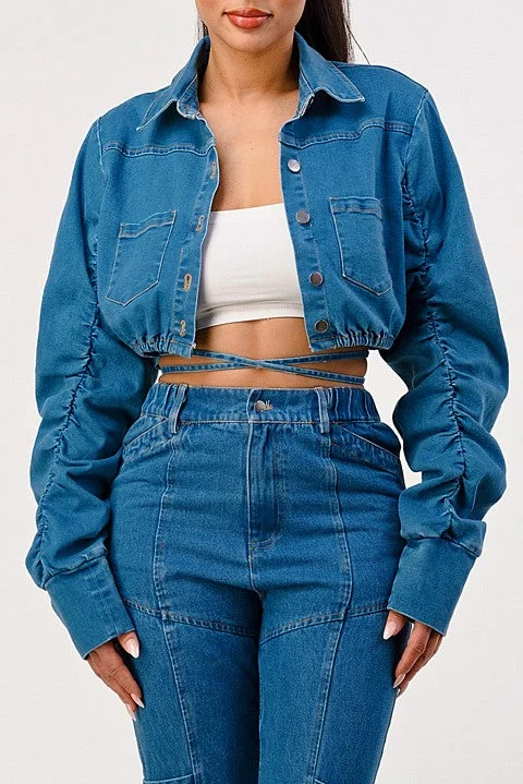 women's denim jeans for smart casualCASUAL CROPPED LONG SLEEVE DENIM JACKET