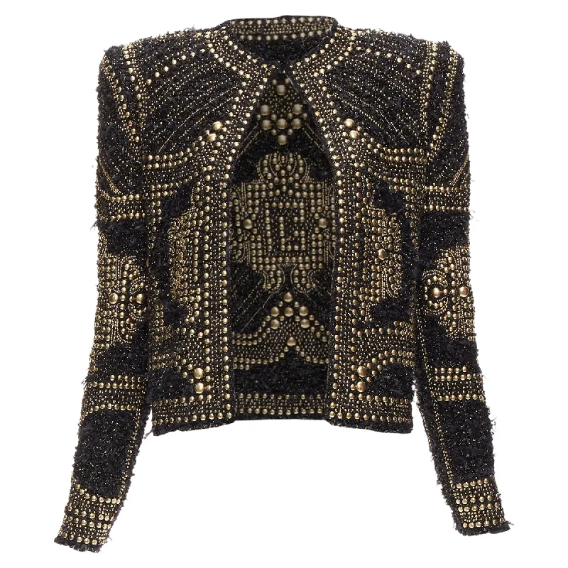 women's coats with adjustable sleevesBalmain Gold Black Boucle Tweed Gold Studded Power Shoulder Jacket