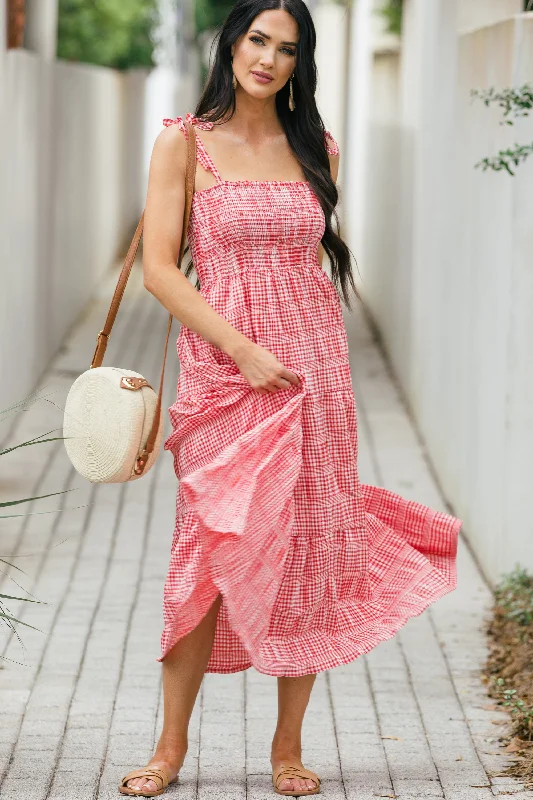 women's checkered dressesSweet New Days Red Gingham Midi Dress