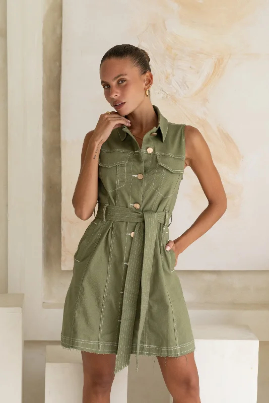 women's lace dressesClea Khaki Green Button Down Belted Mini Dress