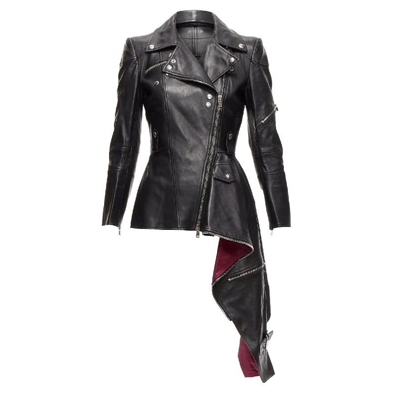 women's coats for maximalist fashion loversAlexander Mcqueen Leather Zip Asymmetric Hem Biker Jacket