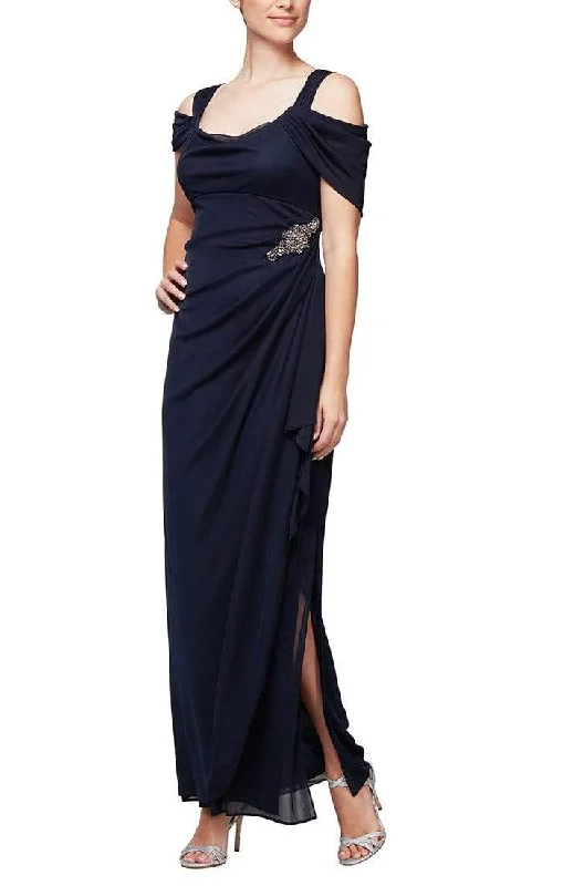 women's cinched-waist dressesAlex Evenings - 232902 Cold Shoulder Long Gown With Slit