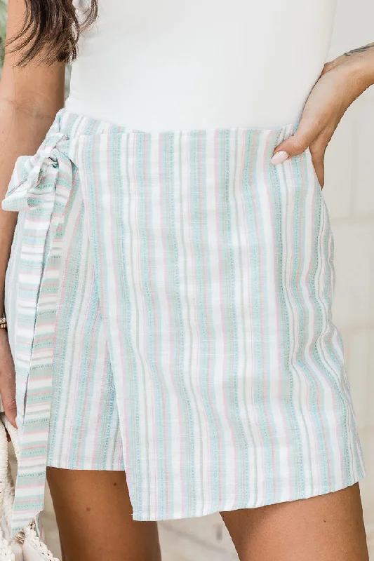 women's spring mini skirtsAll The Drama Sage and Blush Striped Skort FINAL SALE