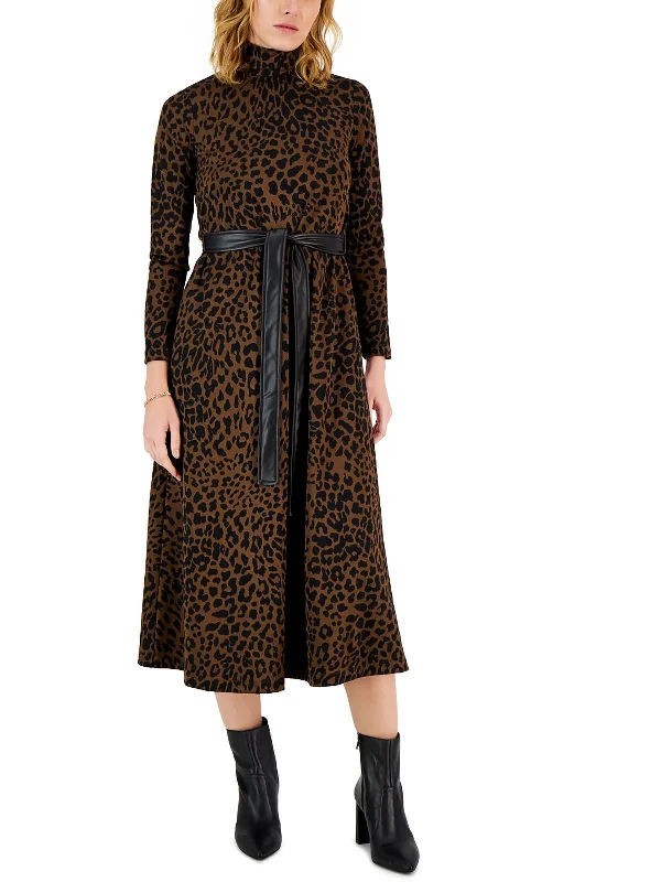 women's travel dressesPetites Womens Turtleneck Animal Print Midi Dress