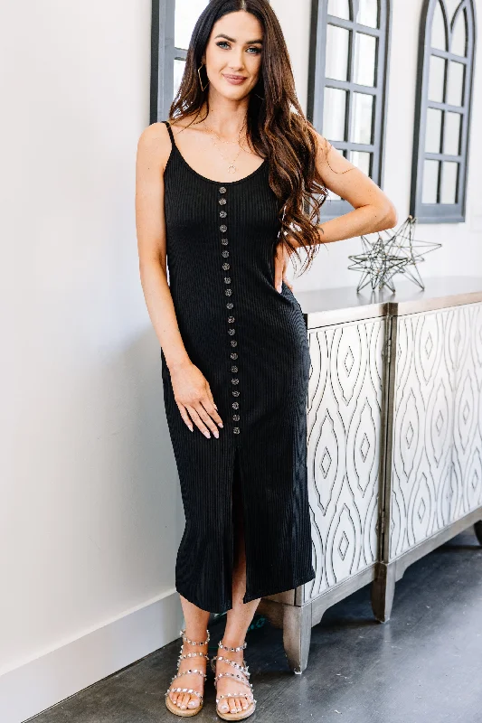 women's work dressesThe Perfect View Black Ribbed Midi Dress