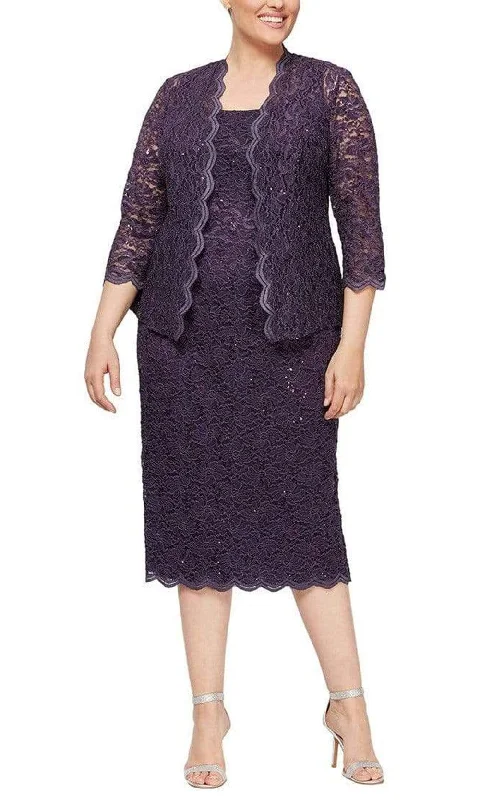 women's wrinkle-resistant dressesAlex Evenings - 412264 Square Neck Lace Tea Length Dress