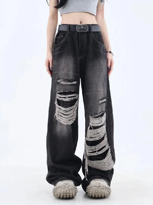 women's elastic waist denim jeansGrunge Dark Wash Distressed Jeans