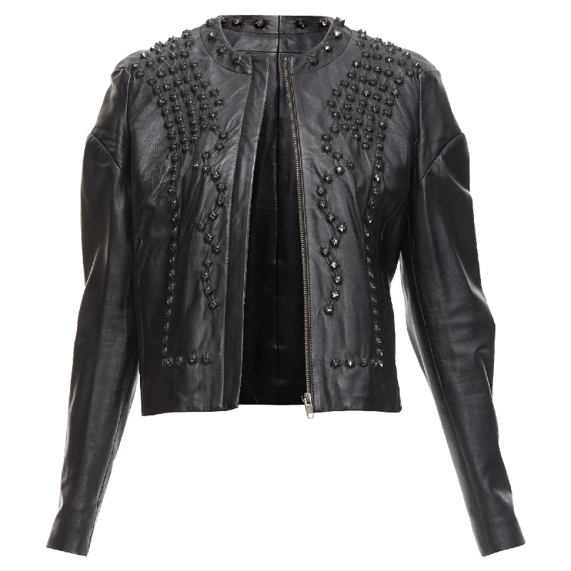 women's coats for ice skatingGivenchy Sheepskin Clear Crystal Studded Cropped Leather Jacket