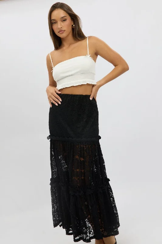 women's summer midi skirtsBlack Lace Maxi Skirt Elastic Waist Tiered Lined