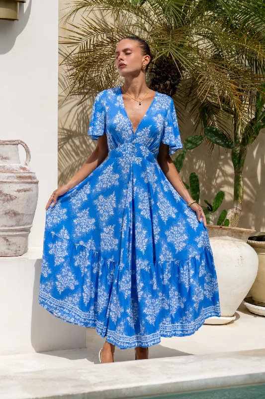 women's machine-washable dressesMyrrah Blue Floral V-Neck Midi Dress