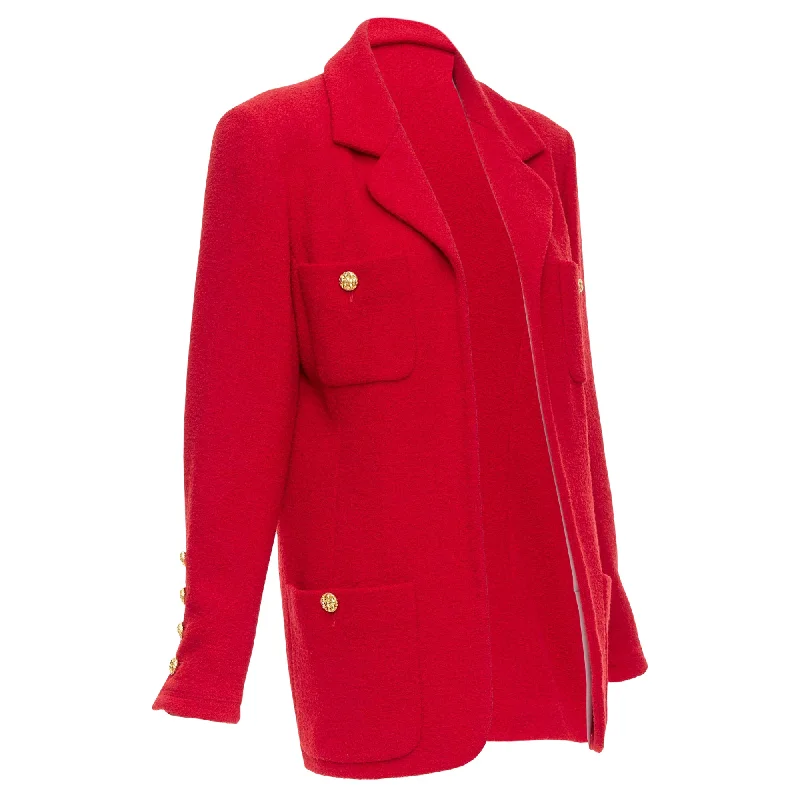 women's coats with button-down frontsChanel lipstick tweed woven button pocket jacket