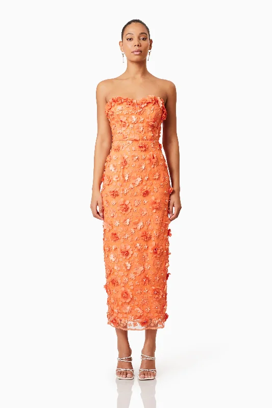 women's luxury dressesBluebell Strapless 3D Midi Dress in Orange